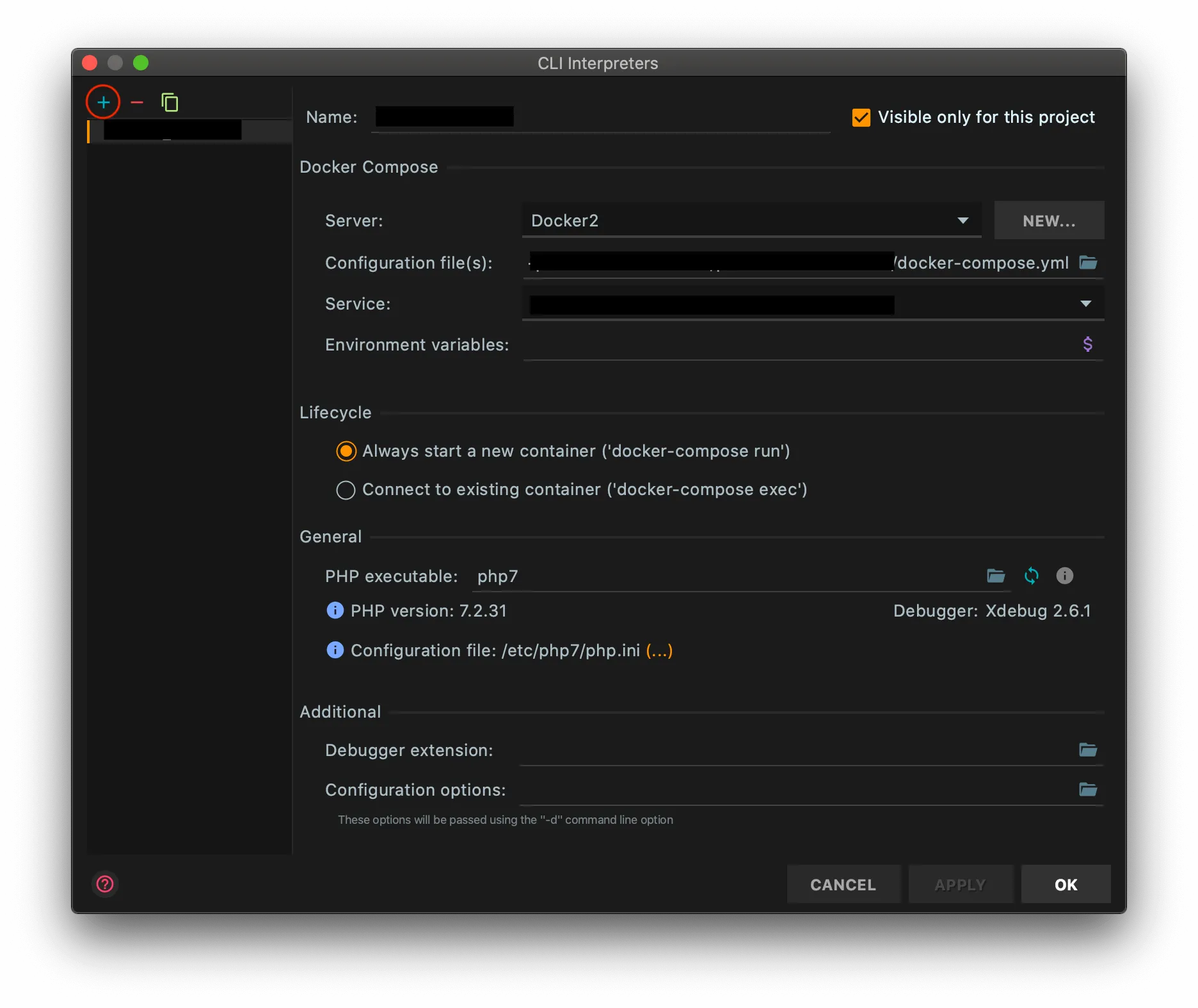The CLI in the image was configured based on docker-compose.yml, with Xdebug correctly detected. If you don't have any preconfigured CLI yet, create one from the plus symbol (red-marked), and import the Dockerfile/docker-compose.yml file when prompted.