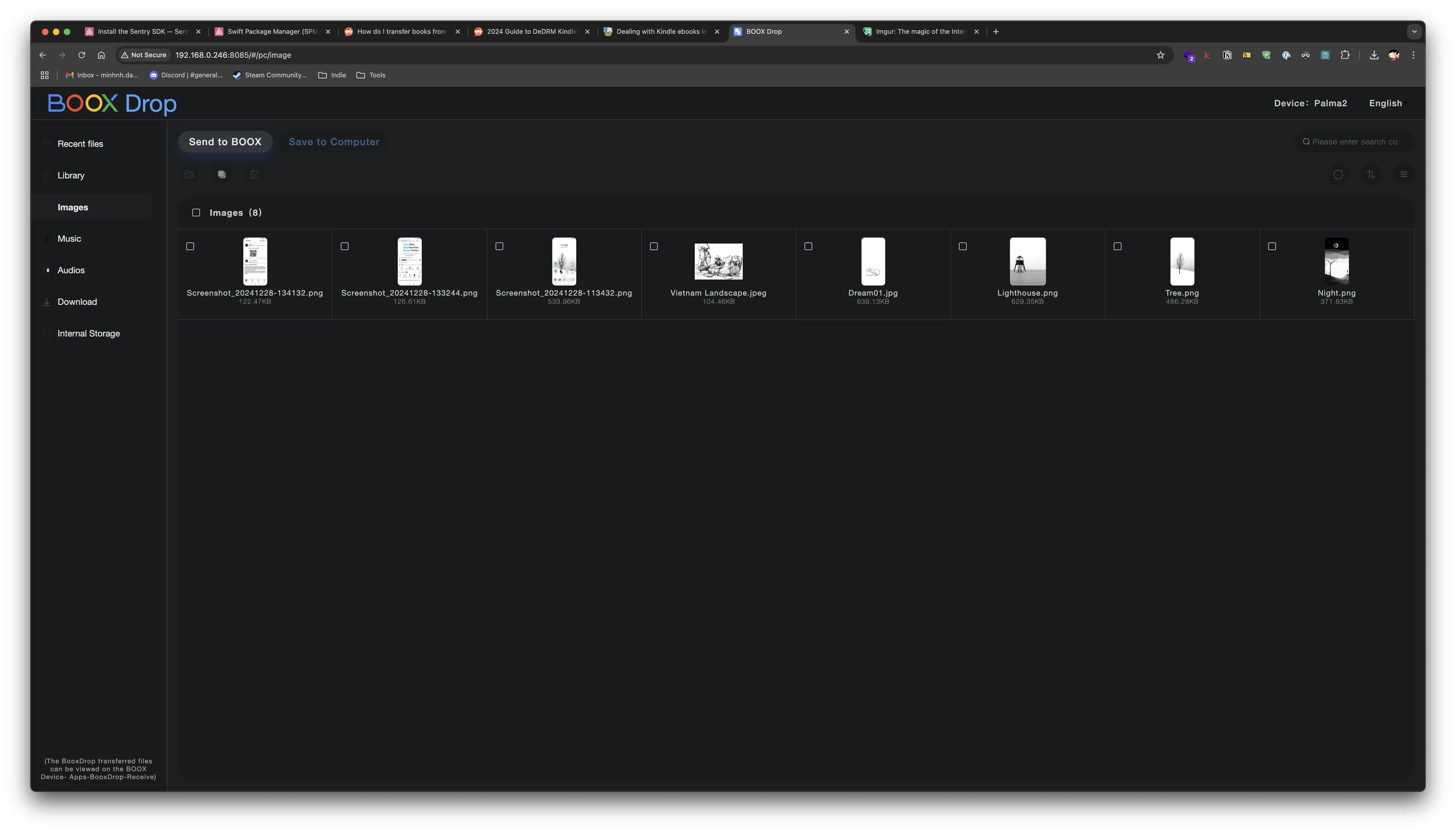 Access the provided URL, and you can directly pull files from your Boox device to your PC/smartphone and send whatever you have (text/files/images/music/videos/executables…) back to your Boox device.
